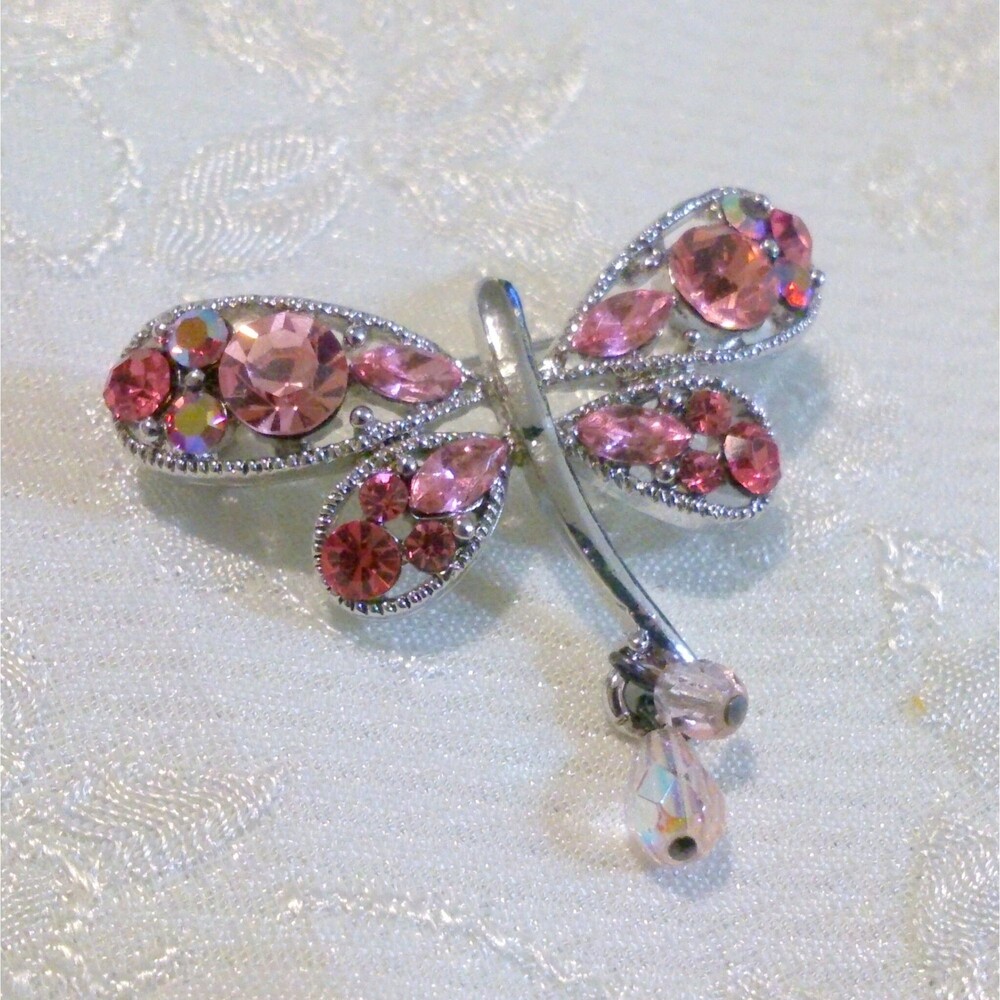 Pink Rhinestone Silver Tone Dragonfly Brooch - Picture 2 of 4